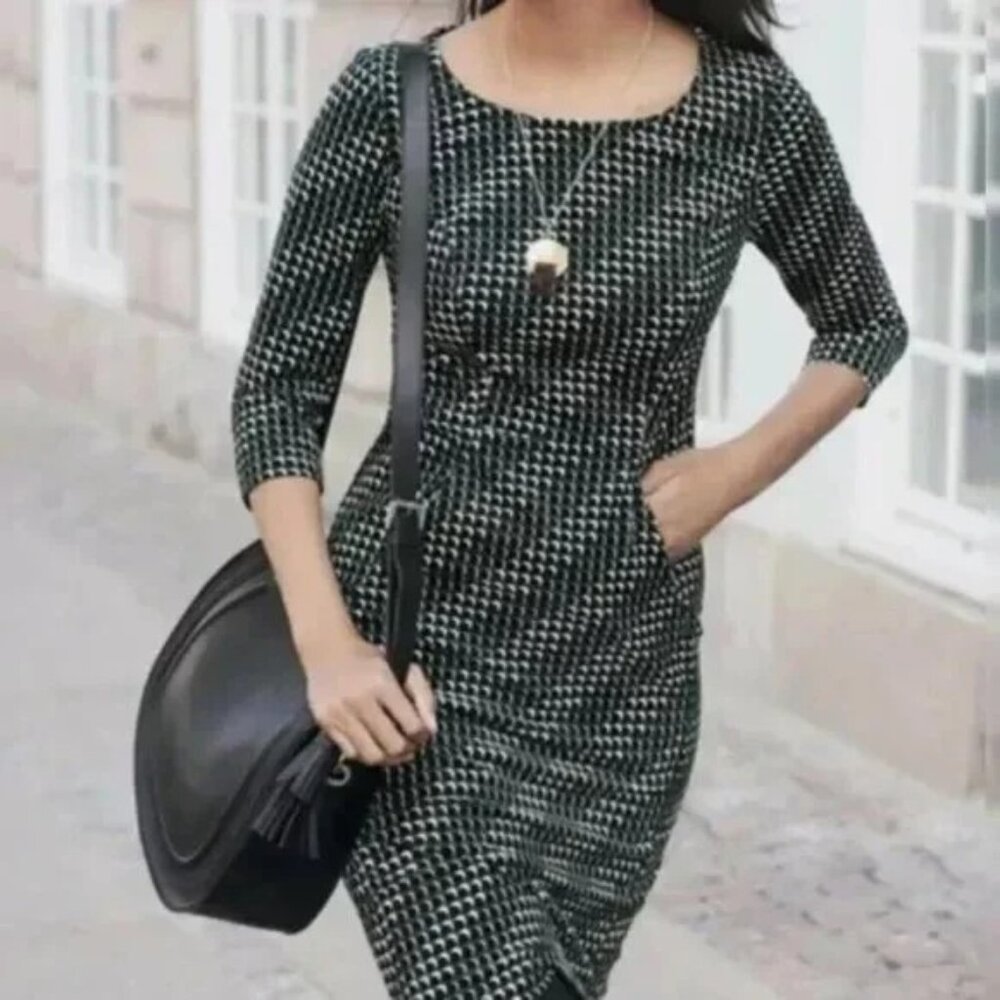 Boden Knee Length Sheath Pencil Dress Green Black Corduroy 3/4 Sleeve Retro Sz 4
